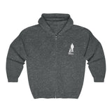 Best Friend Full Zip Hooded Sweatshirt - Image Description: Full Zip Dark Grey Hooded Sweatshirt with white silhouette of a dog sitting next to a guy standing with words Best Friend under the dog and guy. 