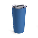 All is Bright Insulated Tumbler  - Image Description - Royal blue insulated tumbler with a clear lid and bits of an image on the left side of the tumbler