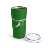 Office Assistant Pure Enthusiasm Insulated Tumbler - Image Description - Bright Green insulated tumbler with the header, "Office Assistant" and a sub header, "Pure Enthusiasm". Underneath the white header is a white silhouette of a dachshund jumping onto the keyboard of a computer looking at the monitor with pure abandon.  The clear lid is sitting next to the insulated tumbler.