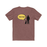 What I like best about people jersey tee - This Clay Heather crew neck t-shirt back has a silhouette of a dog sitting next to a guy standing with a bright yellow speech bubble  coming from the man. The man says, "Their Dogs!"
