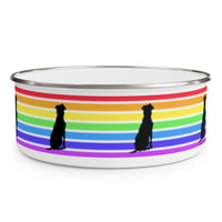 Acceptance Has No Limits Enamel Bowl - the white bowl is wrapped by 7 horizontal rainbow stripes with 2 black silhouette dogs evenly spaced around the bowl.