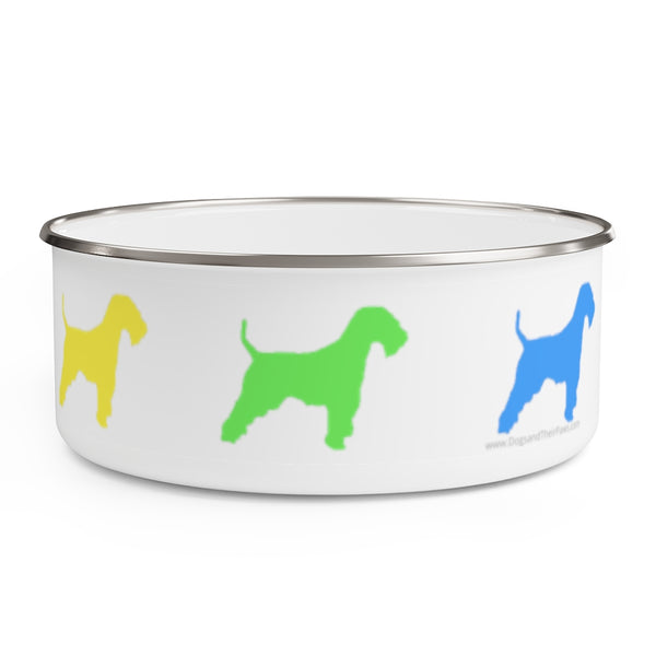 Welsh Terrier Rainbow Enamel Bowl – Image Description – White enamel bowl with a silver rim displaying a yellow Welsh Terrier, green Welsh Terrier and, a blue Welsh Terrier equally spaced around the side of the bowl. 