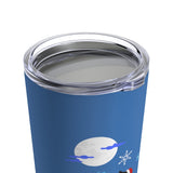 All is Bright Insulated Tumbler  - Image Description - Royal blue insulated tumbler with a close up of the clear lid with the cloud covered moon and, snowflake and part of the Santa hat visible. 