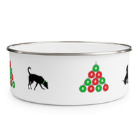 Sit Sniff Christmas Enamel Bowl - Image Description - White bowl with an image with a silhouette of  a black dog with a green collar sniffing the ground next to a pyramid of red and green ornaments  on the other side a partial image of a black dog sitting