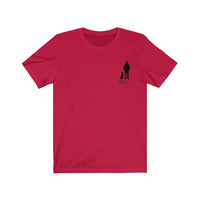 Best Friend Silhouette Red Jersey Tee with a black silhouette of a dog sitting next to a guy standing with words Best Friend under the dog and guy. 
