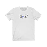 Love Script Paw Print Unisex Jersey Tee - White t-shirt with the word Love! in white cursive script on the front of the shirt. The O from the word love is a royal blue paw print.